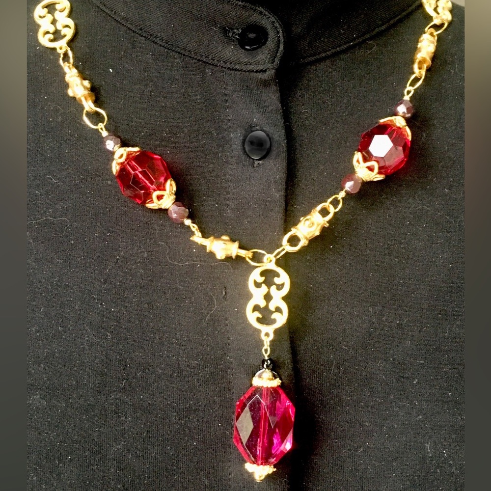 HAND CRAFTED  Red Gold Upcycled necklace Vintage Feminine Preppy Bold
Unique